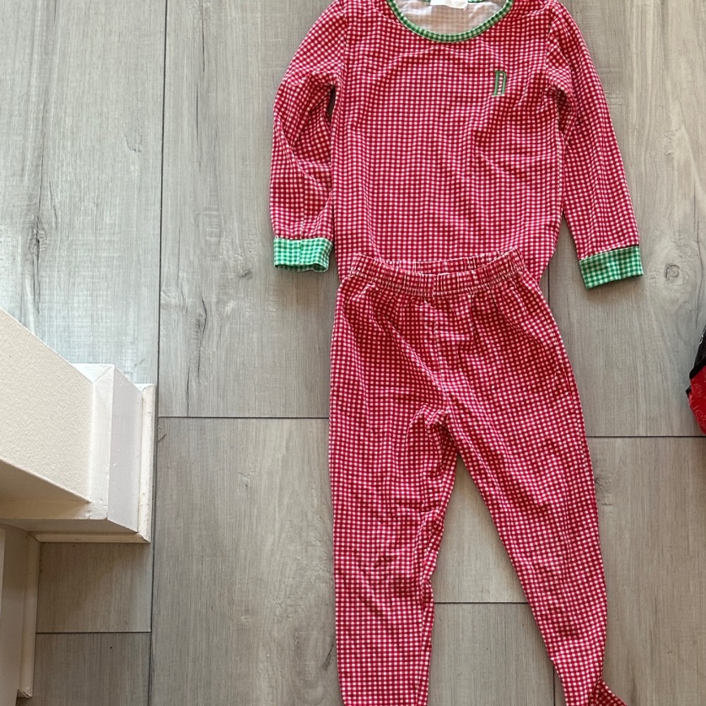 Kids Checkered Pajama Set - Red and Green; Cecil and Lou. Monogram “D”